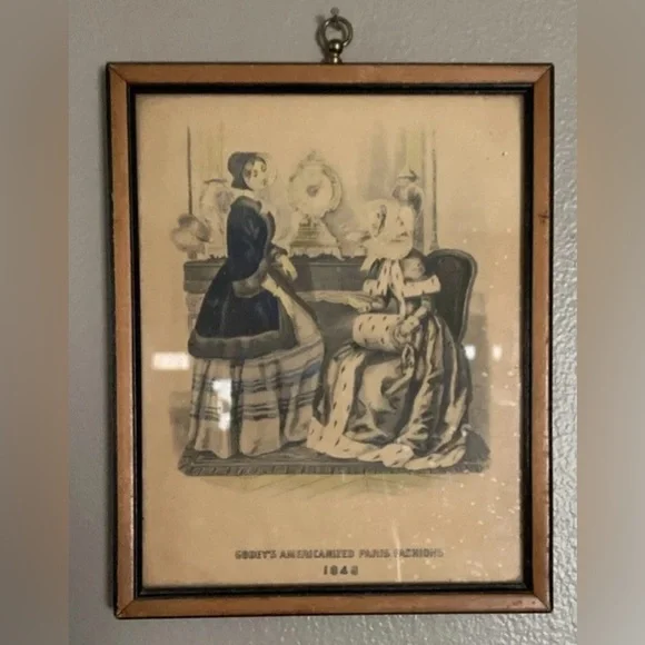 Godey Paris Fashion Print Wood Frame 7.5” x 6” Hook to Hang Godey’s Ladies VTG - Picture 5 of 10